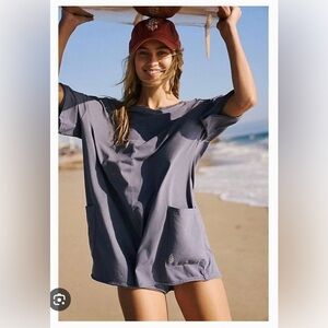 Free People: Hot Shot Tee Romper. Color: Blue/ Indigo. Size: Small.